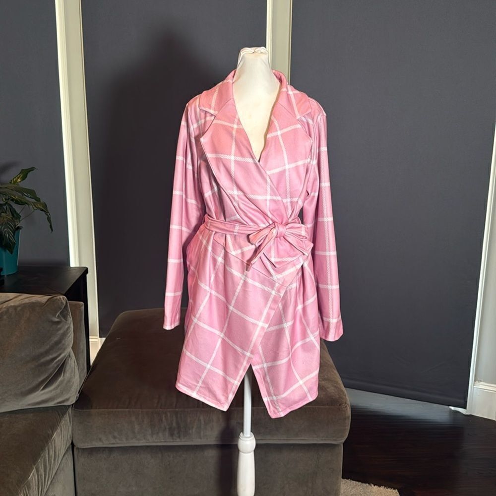Women’s Pink Turn Down Collar Wrap Trench Coat Grid Pattern Size L (**Tag XL)
